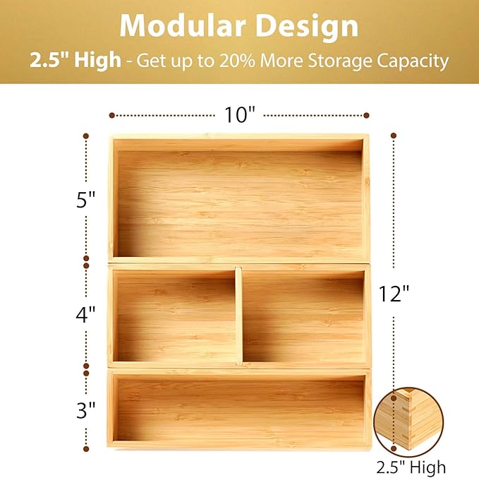 Umilife Drawer Organizer Storage Boxes, 2.5" High Bamboo Drawer Dividers - Image 2