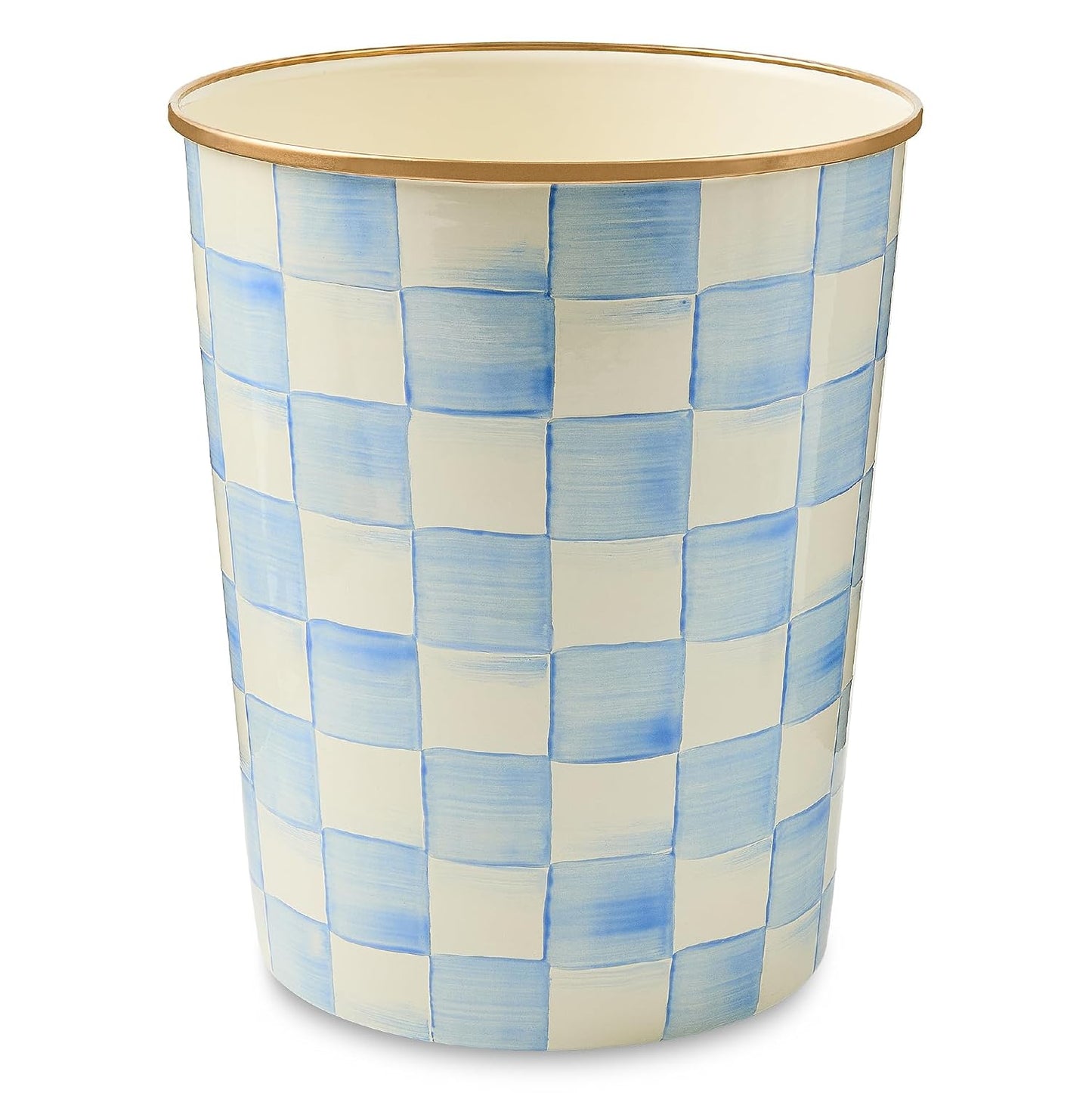 MACKENZIE-CHILDS Waste Bin, Light-Blue-and-White Sky Check | Hand-painted design, made from enameled steel, decorative bedroom or bathroom trash can, 8" dia. x 9.5" H