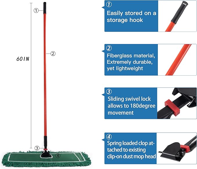 Matthew Cleaning Jaw Clamp Mop Handle, Snap-On Fiberglass Dust Mop Handle - Image 2