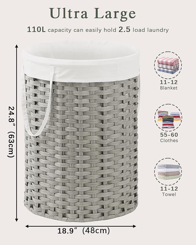 Laundry Basket Round Rattan Laundry Hamper 29.1 Gal Handwoven Large Wicker - Image 5