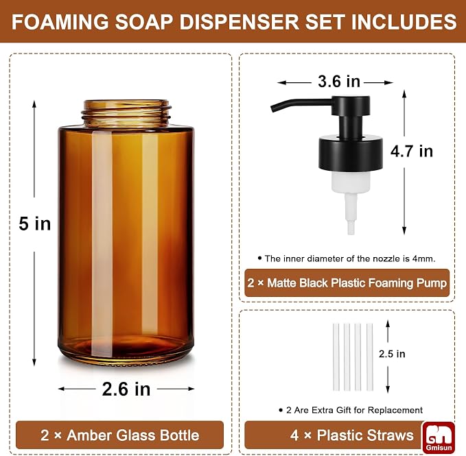 GMISUN Glass Foaming Soap Dispenser, 10 Fl oz / 300ml Amber Glass Soap Dispenser - Image 6
