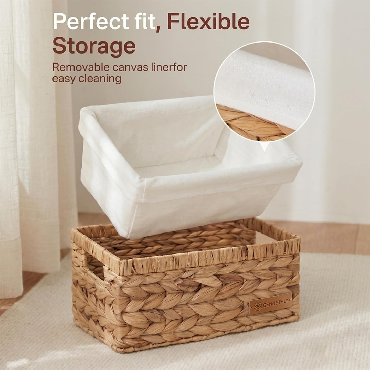 Water Hyacinth Wicker Baskets for Storage, Handwoven Rattan Shelf Basket for Organizing Pantry Closet Bedroom, 100% Natural Decorative Woven Organizer with Handles and Waterproof Canvas, 4 Pack