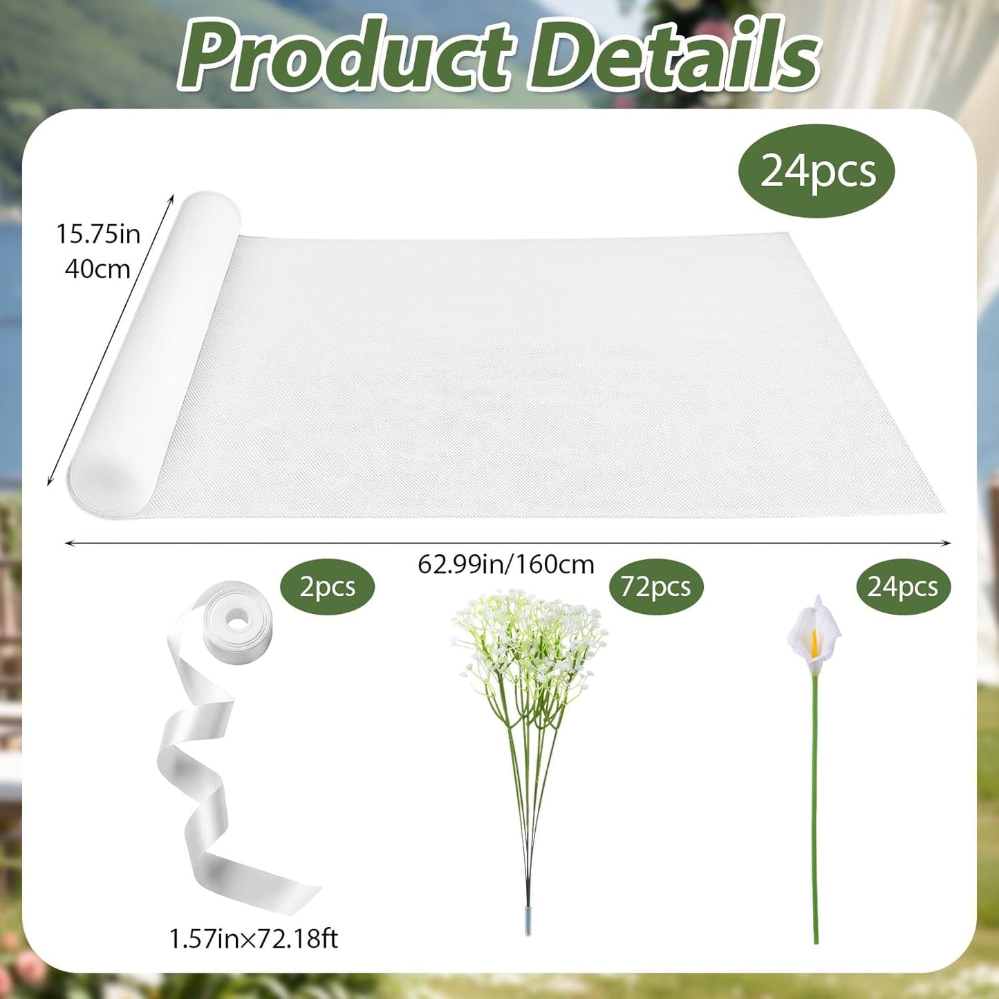 24 Set Wedding Aisle Chair Decorations Pew Flowers White Tulle Tails Chair Sashes with Ribbons and Artificial Baby's Breath for Wedding Church Ceremony Chairs Banquet Bulk (White Calla Lily)