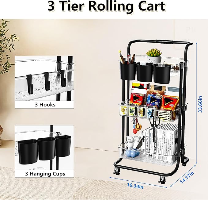 3 Tier Rolling Cart with Metal Handle, Hanging Cups, Plastic Storage Baskets & - Image 4