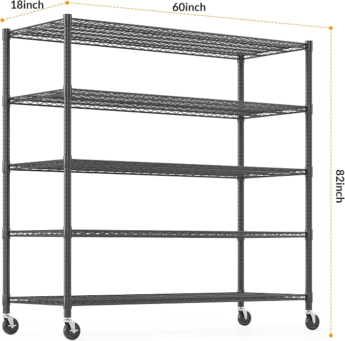 Himimi Storage Shelves with Wheels, 5-Tier Heavy Duty Steel Wire Rack Storage - Image 3