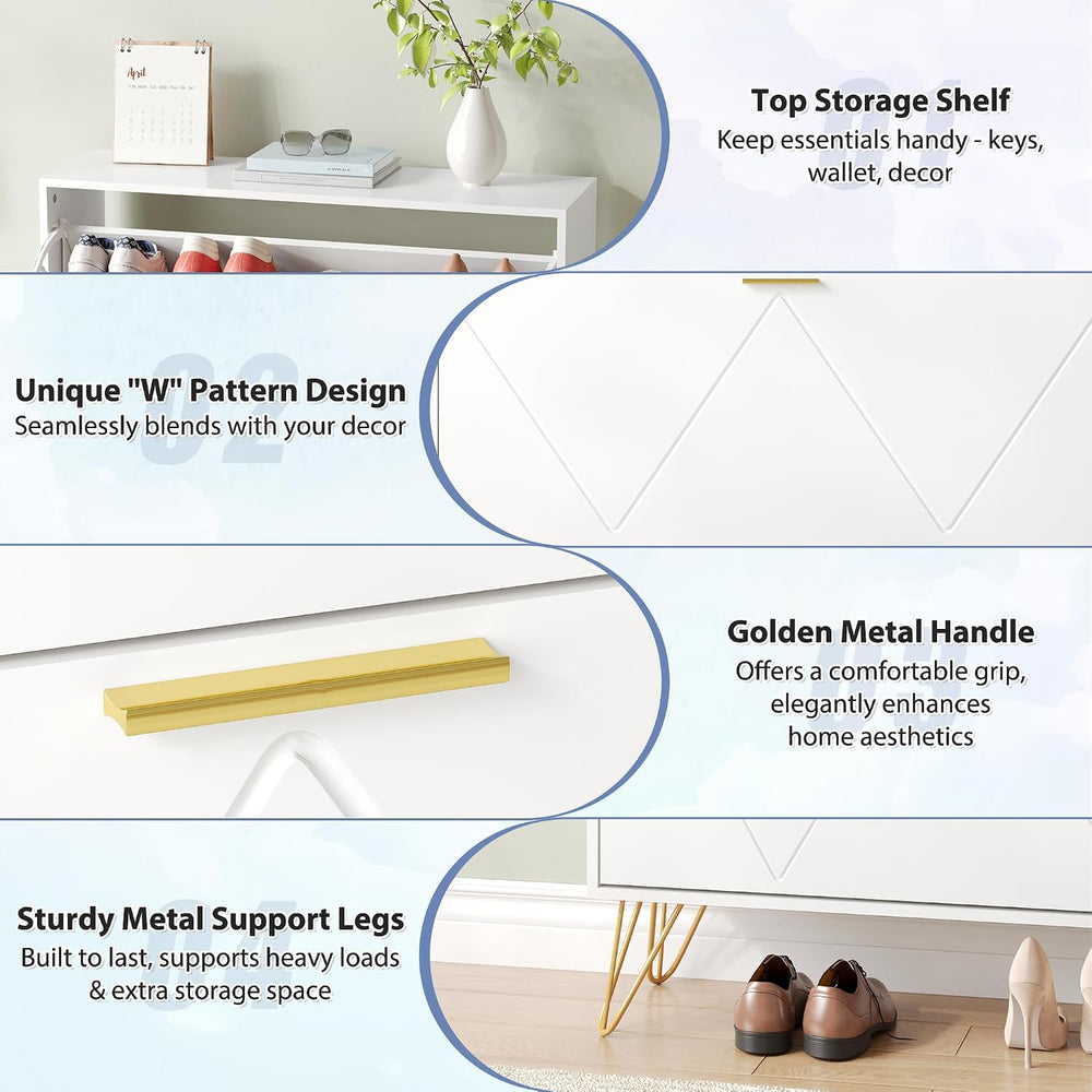 Shoe Storage Cabinet with 2 Striped Flip Drawers and Metal Legs, White丨Modern...