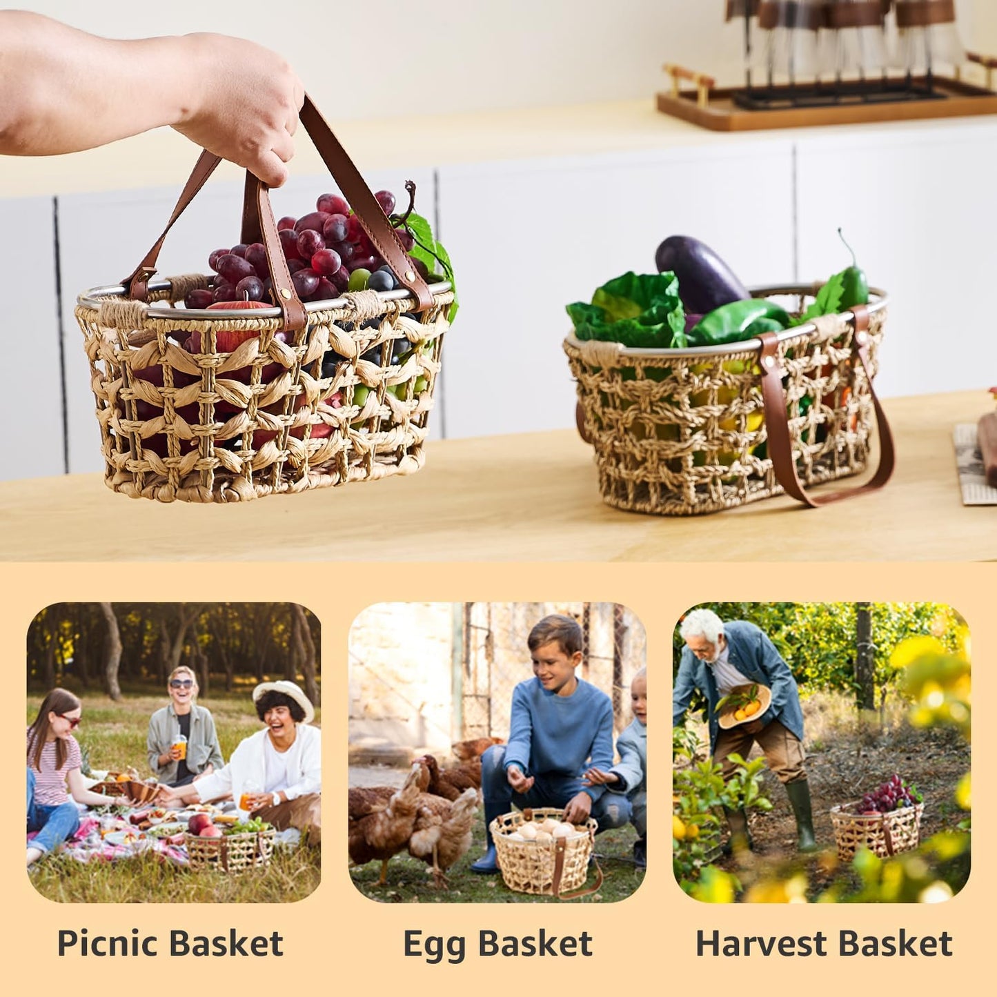 Farmhouse Seagrass Egg Baskets for Collecting Fresh Eggs Handmade Egg Collecting Basket Wicker Oval Storage Basket for Picnic, Harvest, Vegetable