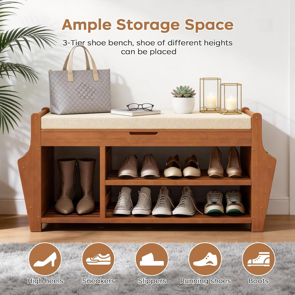 39.4in Shoe Bench with 2 Holder, 3 Tier Bamboo Entryway Bench with Storage
