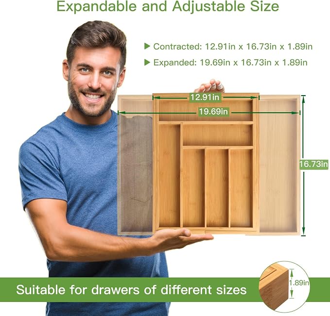 Pipishell Bamboo Silverware Organizer, Expandable Cutlery Tray, Utensil Drawer - Image 3