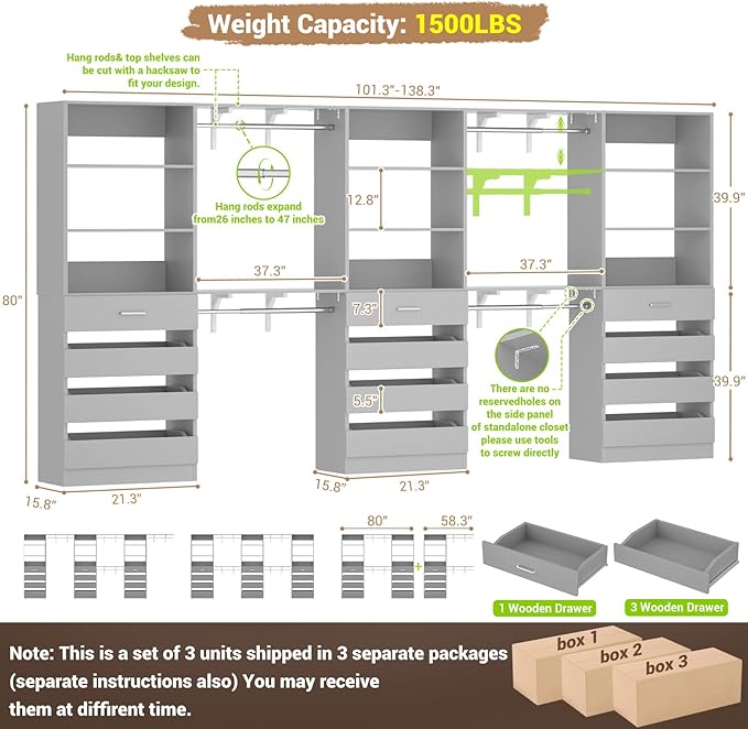 Aheaplus Closet System Set of 3, 138.5" Wood Closet Organizer System Tower - Image 7