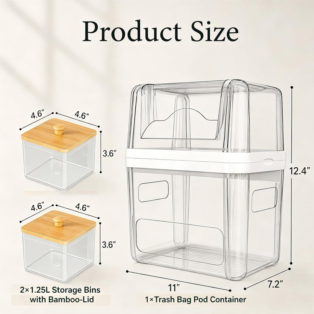 Trash Bag Holder & Dishwasher Pod Dispenser with 2 Bamboo Lid Storage Con...