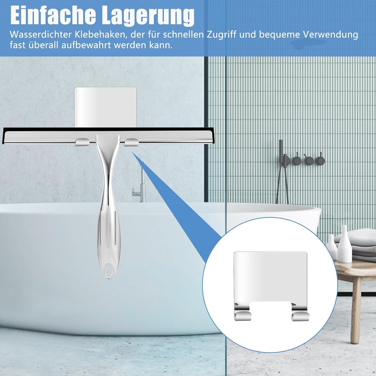 Wlich Silver Shower Squeegee, 10" Blade, 7.2" Handle, Stainless Steel, Easy to Use, Streak-Free Clean, 19201454011