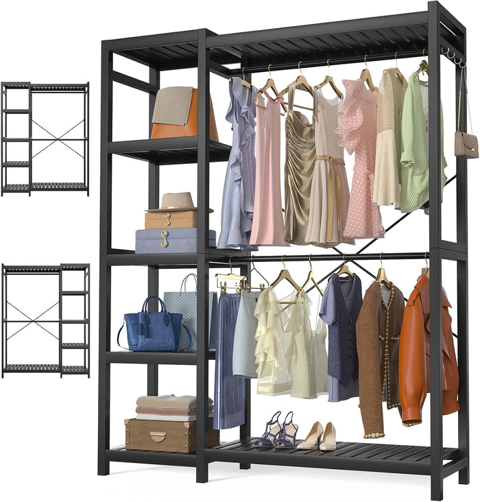 Homykic Bamboo Clothing Rack with 7 Adjustable Shelves, 2 Hang Rods, Black