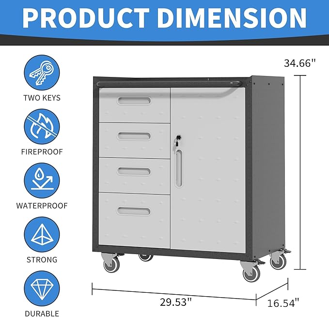 Metal Storage Cabinet with Wheels, Rolling Tool Cabinet with Adjustable Shelve