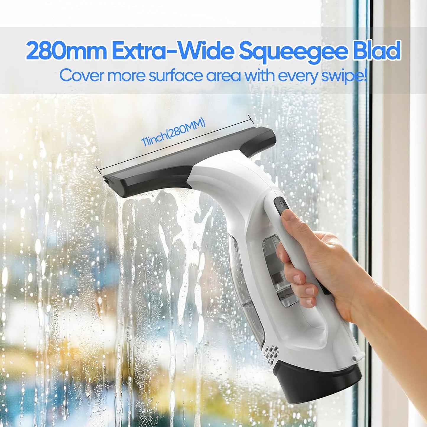 Cordless Window Vacuum Cleaner, Electric Squeegee with 2000Pa Suction, 30-40 in. Adjustable Extension Pole, 11 in. Blade for High Windows, Shower Doors, Mirrors, Tiles & Car Glass