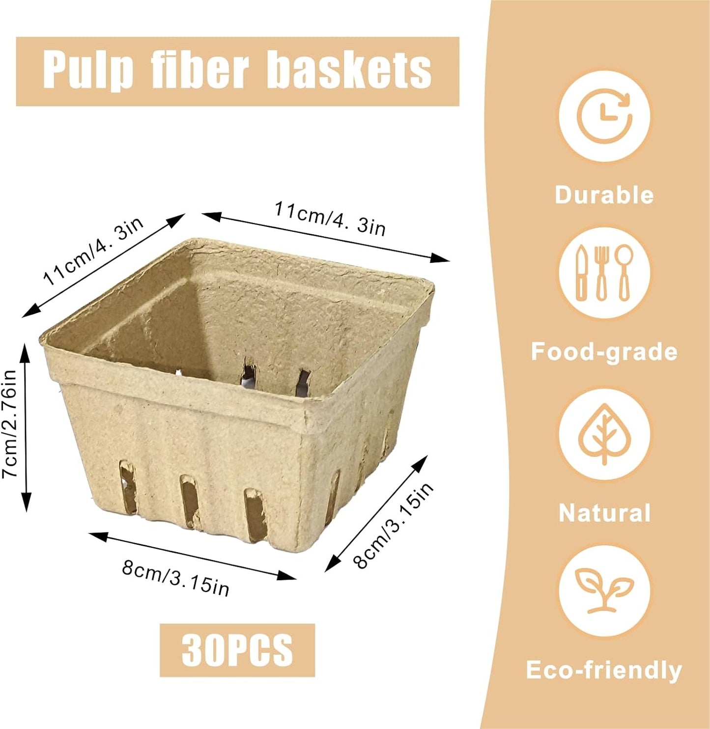 45 Pcs Natural Pulp Fiber Berry Basket Small Vented Berry Picking Basket | Small Container Holder, for Fruits, Vegetable, Farmer Market, Grocery