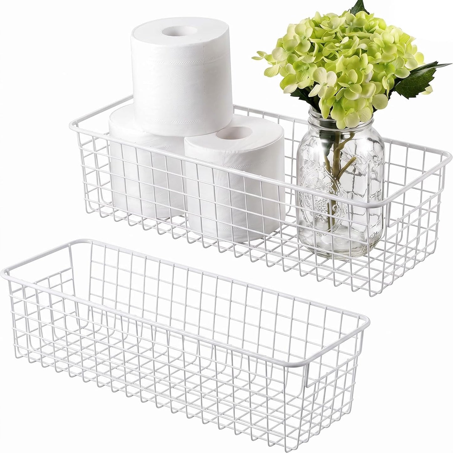 SheeChung Wire Storage Baskets, Metal Toilet Paper Basket Holder, White | 2 Pack Large Hanging Basket, Farmhouse Decor Storage Organizer Bin for Bathroom, Kitchen, Cabinets, Pantry, Closets, Garage
