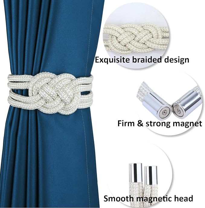 2 Pack Magnetic Curtain Tiebacks, Hand Weave Rope Knot Decorative Curtain - Image 3