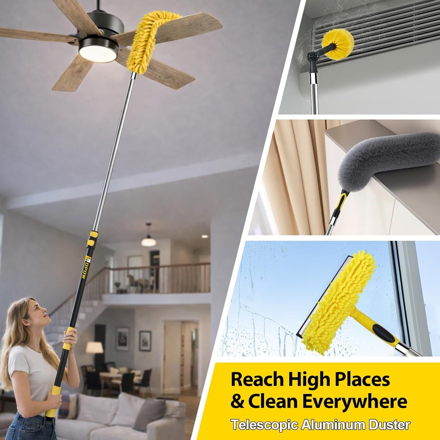 20 Foot High Ceiling Duster Kits with 5-12ft Heavy Duty Extension Pole, High Reach Duster for Cleaning,Microfiber Feather Duster,Cobweb Duster,Ceiling Fan Duster,Window Squeegee & Cleaner