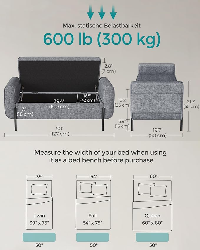 SONGMICS Storage Bench with Armrests, Ottoman - Image 3