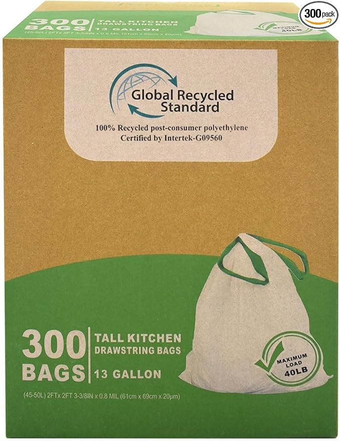 TYPLASTICS 300 Count 13 Gallon Tall Kitchen Drawstring Trash Bags, GRS Compliant by Typlastics