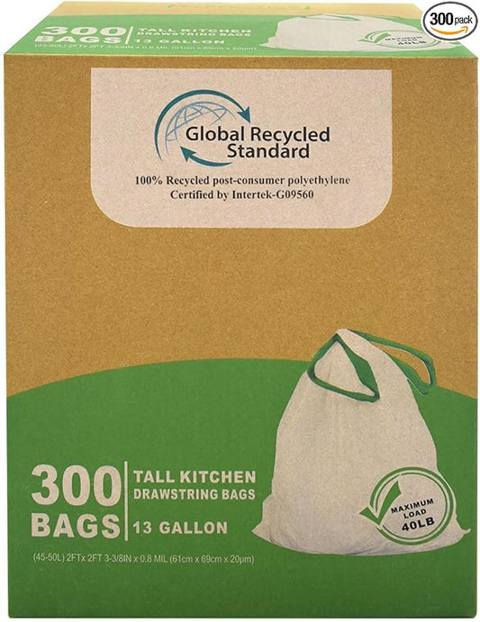 TYPLASTICS 300 Count 13 Gallon Tall Kitchen Drawstring Trash Bags, GRS Compliant by Typlastics