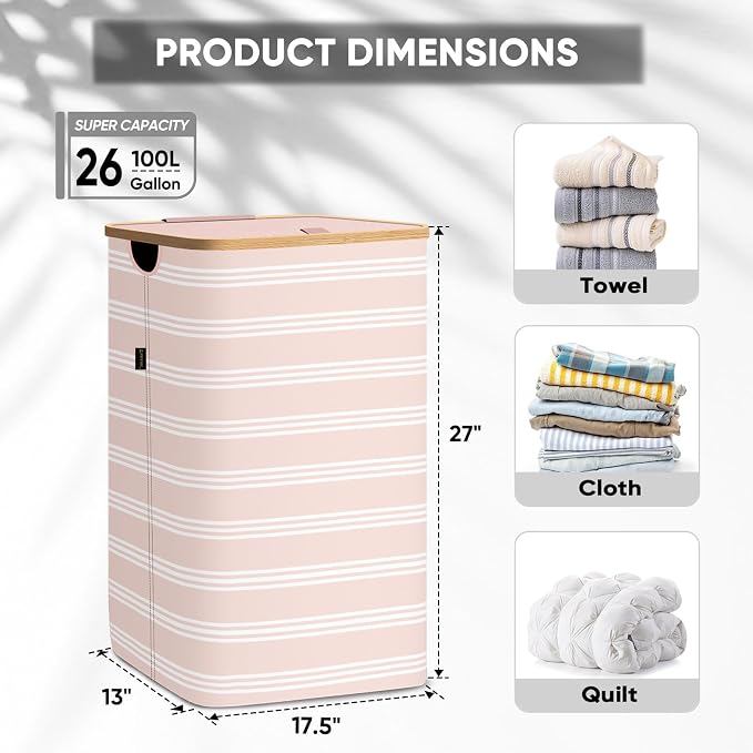 BALEINE Laundry Hamper with Lid, Tall Laundry Baskets with Bamboo Pull Handles - Image 4