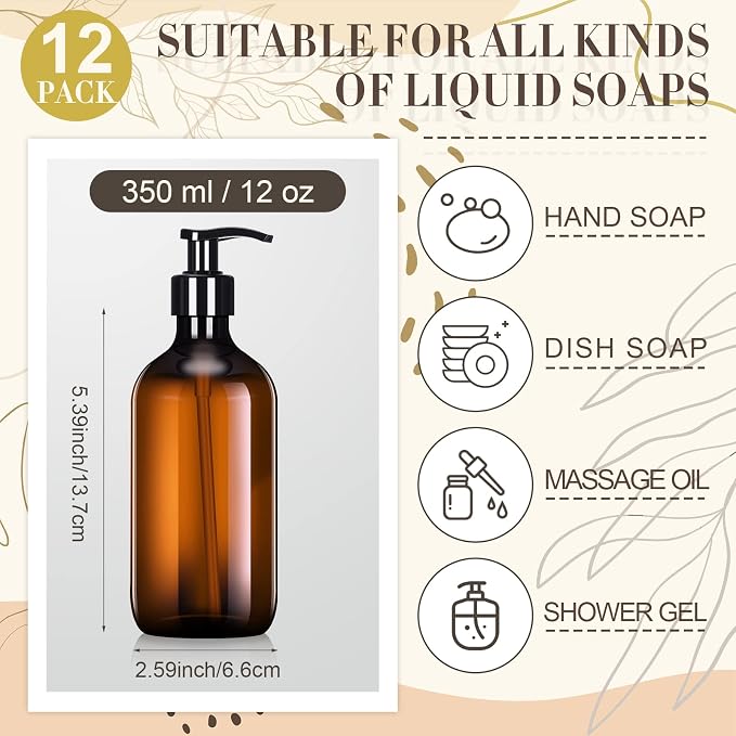 Tessco for you 12 Pack Amber Soap Dispenser Empty Plastic Pump Bottles - Image 2