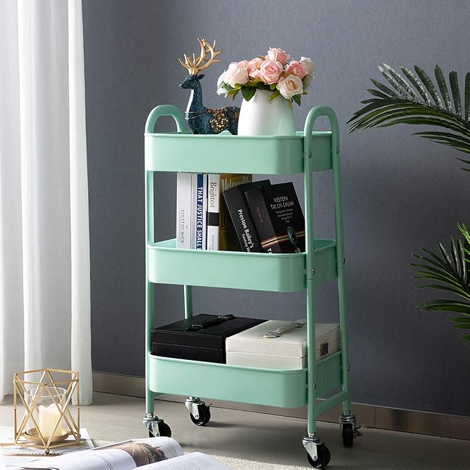 AGTEK Makeup Cart, Movable Rolling Organizer Cart, Macaron Blue 3 Tier Metal - Image 6