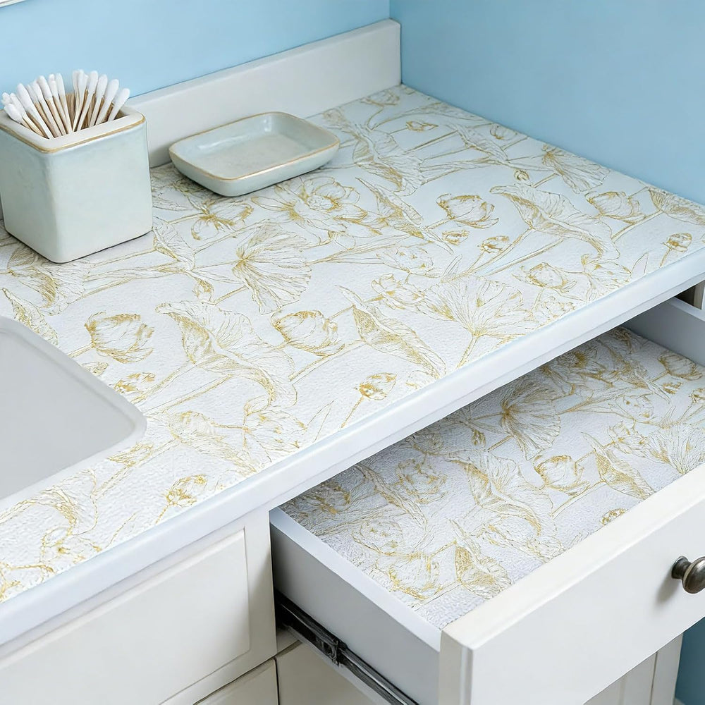Shelf Liners Thickened Non-Slip Non Adhesive Light Base Gold Lotus Pattern