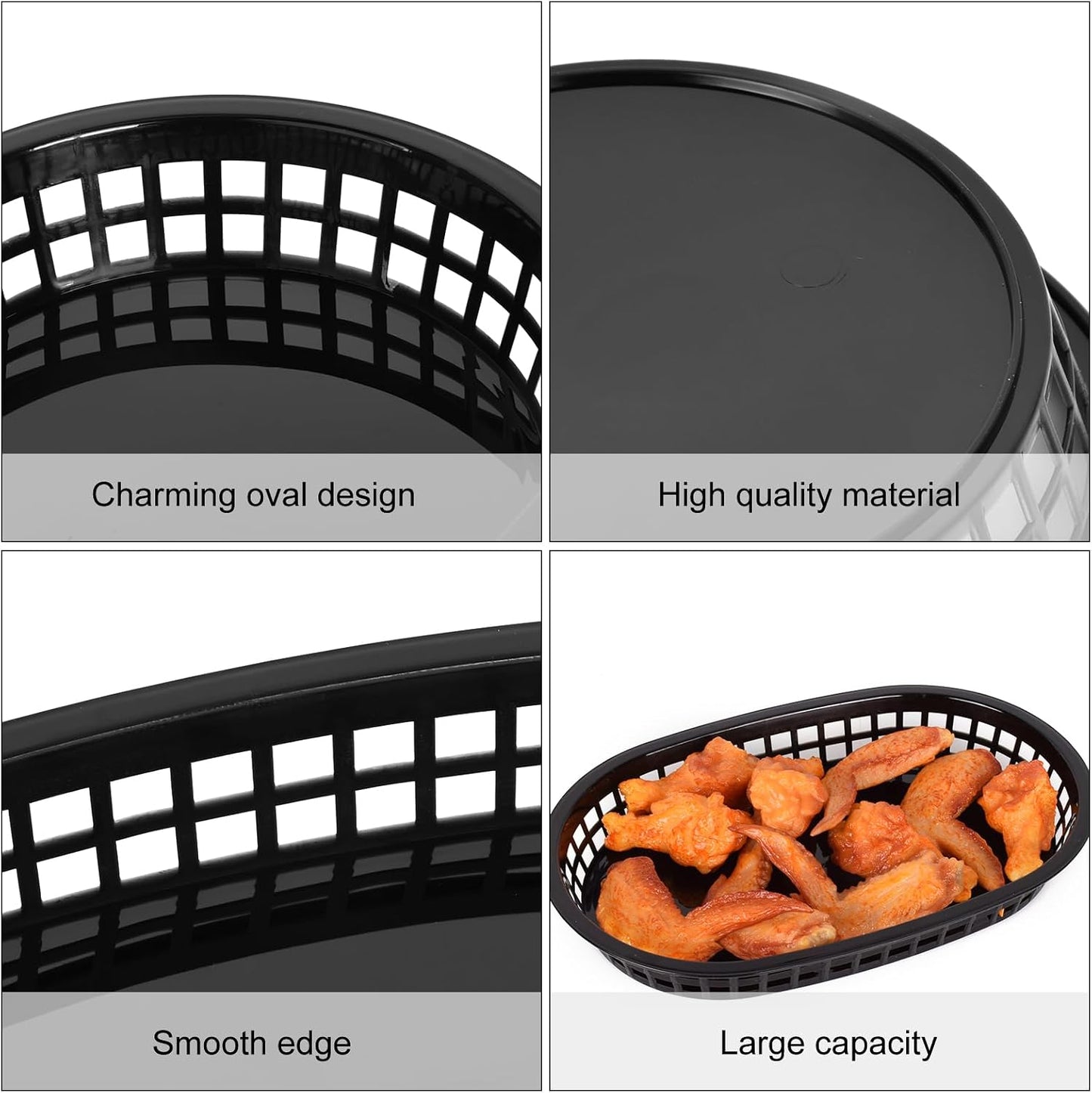 70PCS Oval Black Plastic Food Baskets 10.5×7inch Plastic Baskets For Food For Fried Chicken，Hamburger，French Fries，Hot Dog，Family Gathering Picnic