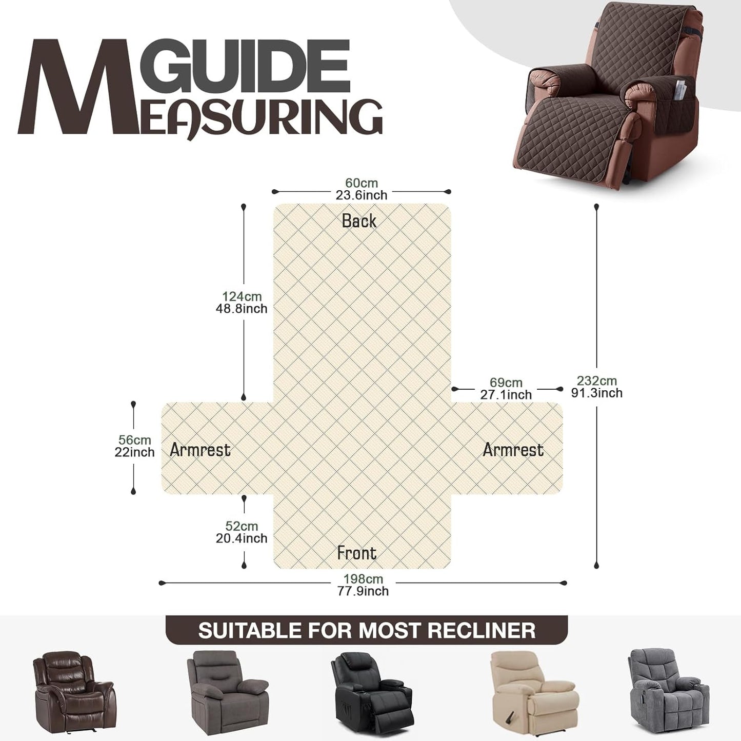 KinCam 100% Waterproof Recliner Chair Cover, Reclining Couch Covers for Pets, Dogs, Recliner Couch Slipcover Furniture Protector with Elastic Straps for Kids(23.6", Chocolate)
