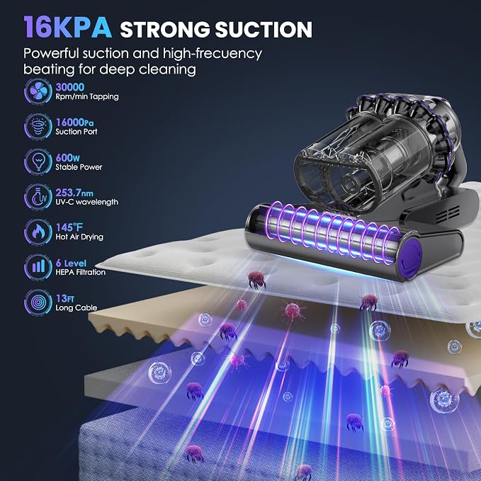 Mattress Vacuum Cleaner, 16Kpa Bed Vacuum Vleaner 253.7nm UV-C Light, 145°F Heat - Image 2