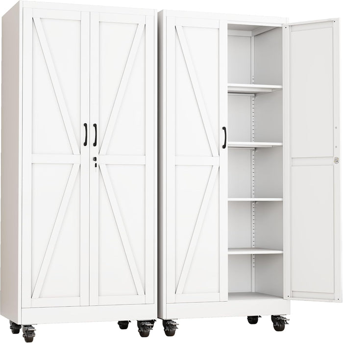 Metal Garage Storage Cabinet, 71”Tall Rolling Utility Cabinet White