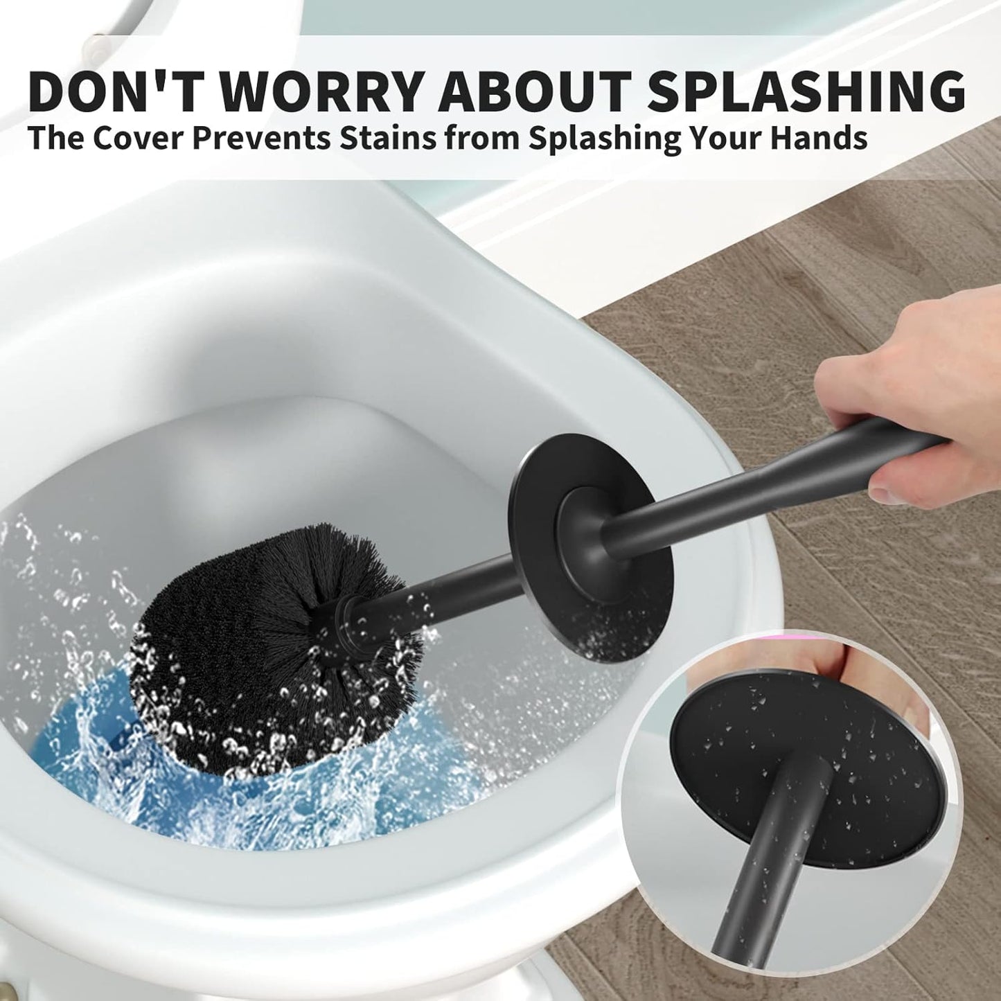 Toilet Brush, Toilet Bowl Brush with Extra Long Handle Durable Bristles Toilet Scrubber and Covered Holder for Toilet Brush Set for Bathroom Cleaning (Black, 1 Set)