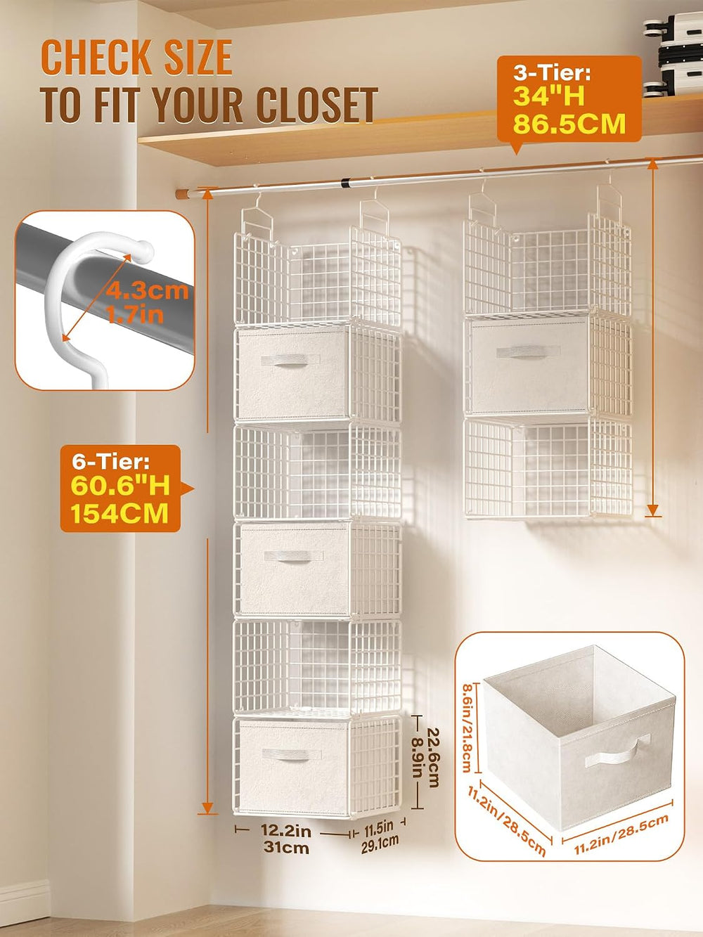 Closet Hanging Organizer with Drawers, 6 Tier Metal Closet Organizers and Sto...