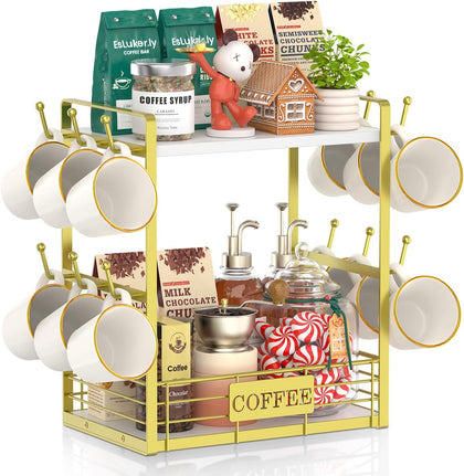 Coffee Mug Cup Holder Tree Bar Station Organizer, 2 Tier Gold