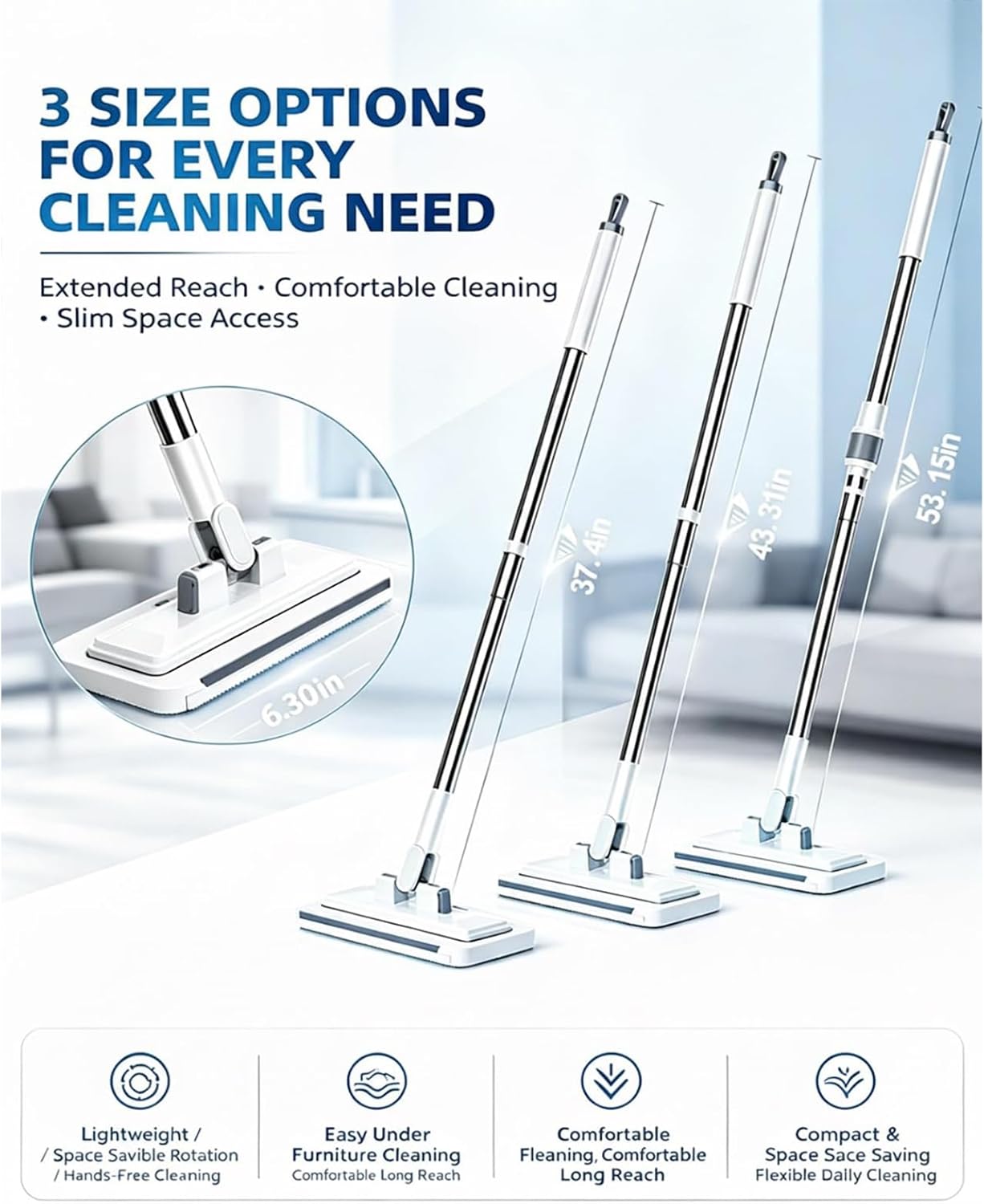 Gropething Mop, Hands-Free Multi-Purpose Flat Mop – Lazy Cleaning with Long Handle & Locking Head for Wall, Bathroom, Toilet, Corners, Multi-Surface Dusting with Disposable Cloths (Long:53in)