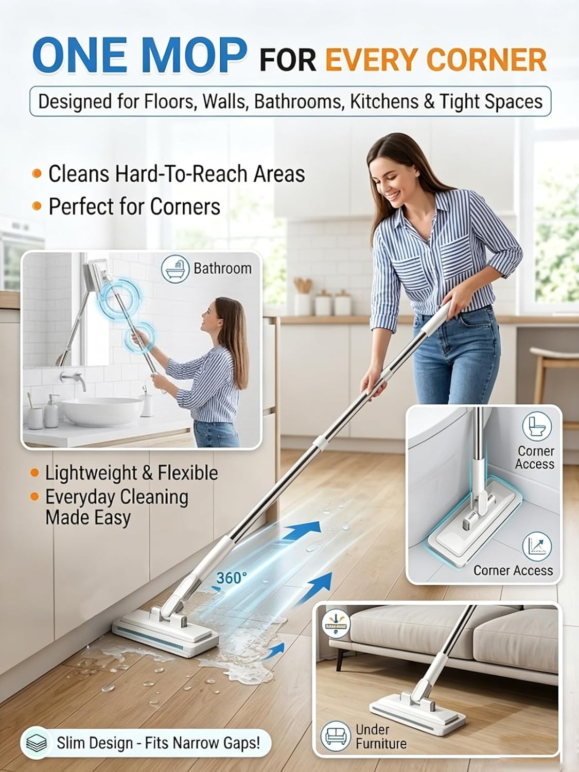 Hands-Free Multi-Purpose Flat Mop – Lazy Cleaning & Face Towel Compatible 39in Long Handle Dust with Locking Head for Wall Bathroom Toilet Corners Multi-Surface