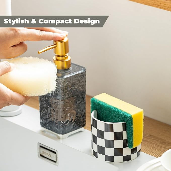 Checkered Kitchen Sink Sponge Holder, Dish Sponge Rack Ceramic Brush Holder - Image 5
