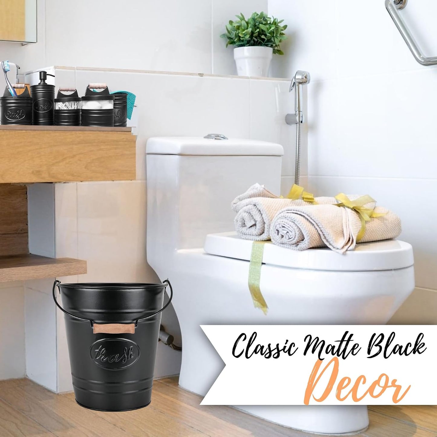 Autumn Alley Rustic Black Farmhouse Bathroom & Kitchen Accessories Set, 6-Piece Black Bathroom Set with Trash Can, Soap Dispenser, Toothbrush Holder, Decorative Sponge Holder & Apothecary Jars