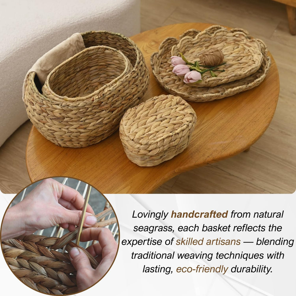 Scalloped Basket Set of 3 with Lids, Bread Basket, Natural
