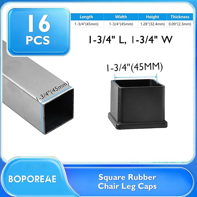 16 Pcs 1-3/4" x 1-3/4" Square Rubber Chair Leg Caps, PVC Table Leg Covers - Image 2