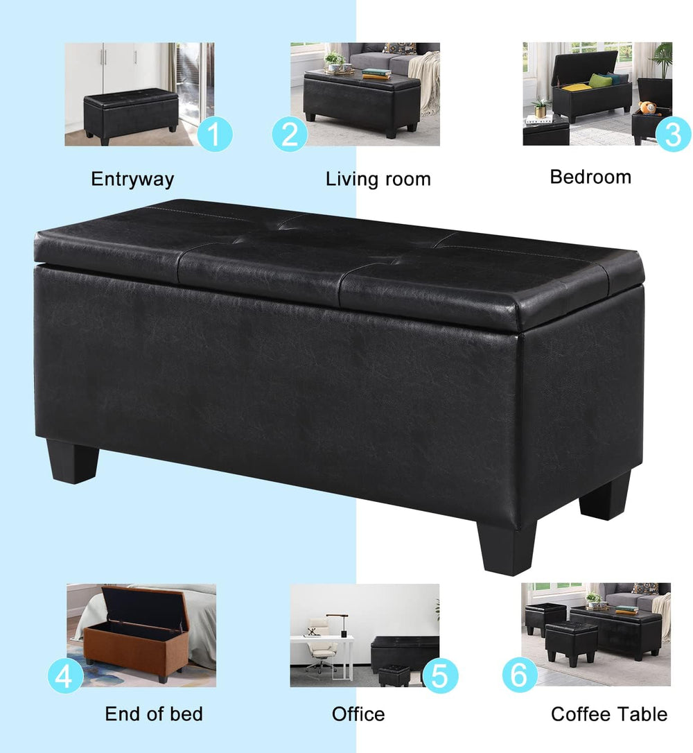 PU Leather Storage Ottomans Set of 3, Tufted Upholstered, Black