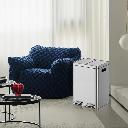 2 x 5.3 Gal Trash Can, Stainless Steel Triple Compartment Step-On Recycling Bin - Image 6
