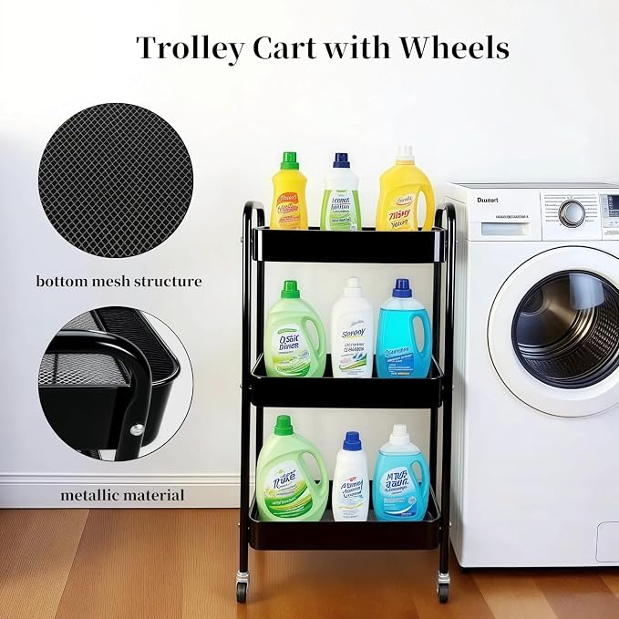3 Tier Rolling Storage Cart for Kitchen Storage & Laundry Room Organization - Image 3