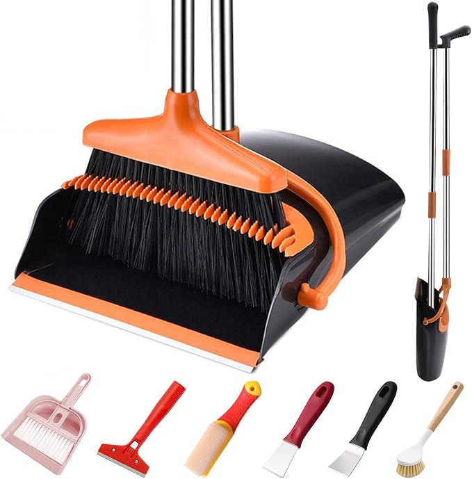 Broom and Dustpan Set with Long Handle and 6 Bonus Cleaning Tools, Upright by Meijubolstrivetomakeyourlifeeasier