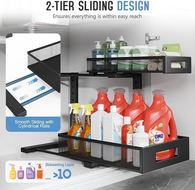 2-Pack Under Sink Storage Organizer, Large 2-Tier Elegant Mesh Pull Out Shelf - Image 4