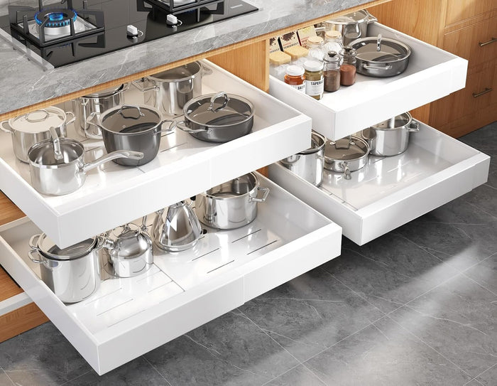 Seinloes 4 Pack Expandable Pull Out Cabinet Organizer 21"Deep With Raising Pad for Framed Cabinets,Upgrade 3 Slide Rails Slide Out Drawers,No Drill Roll Out Shelves,Adjustable Width 15.1"-26.3" White