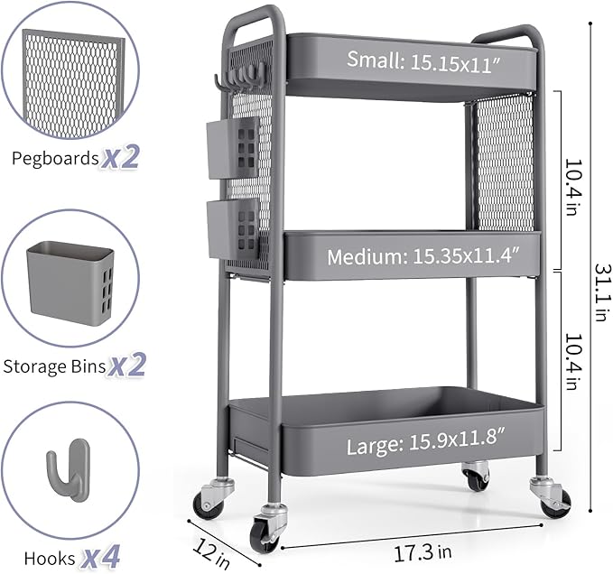 TOOLF 3 Tier Rolling Cart Storage Organizer, Metal Rolling Utility Cart - Image 6
